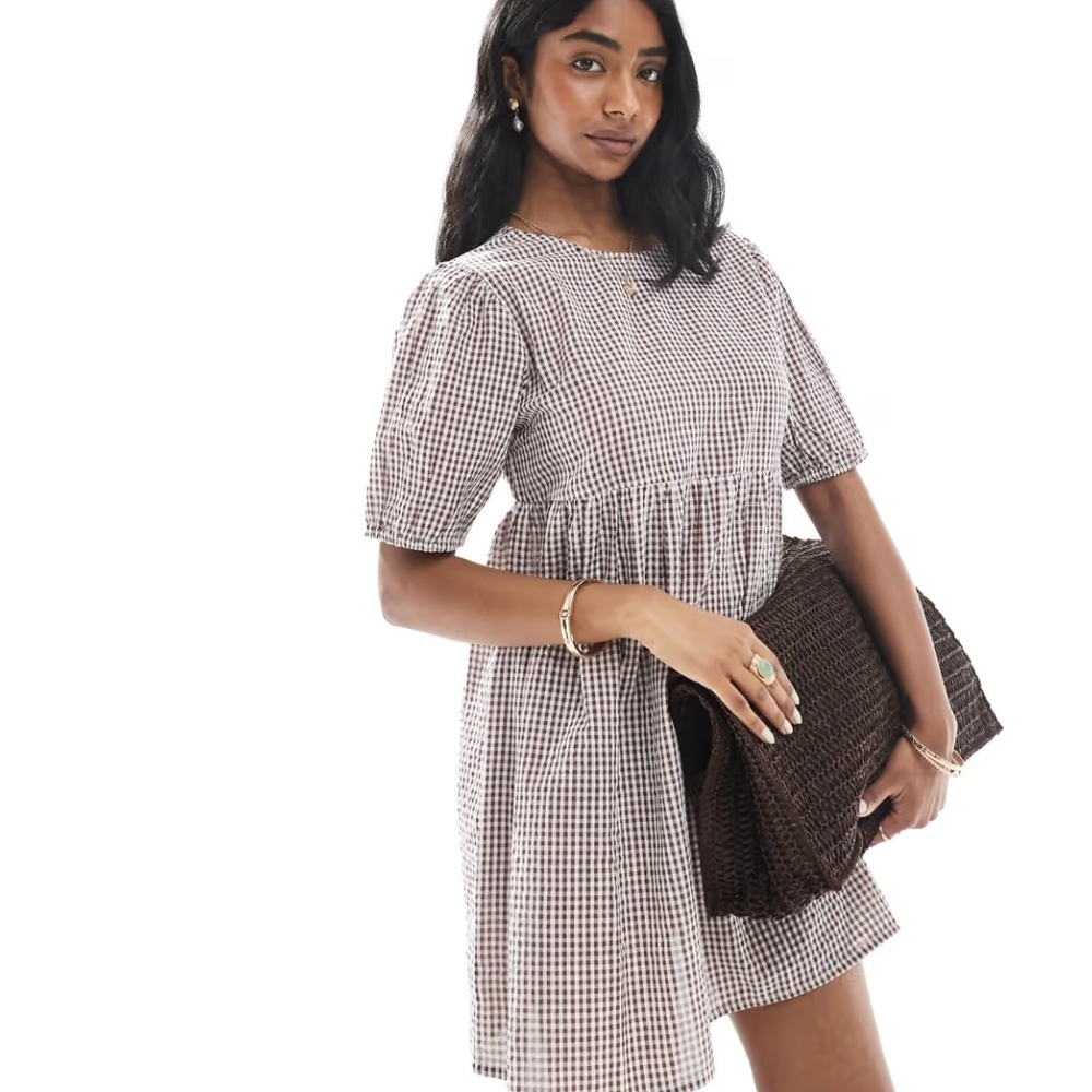 ASOS,Wednesday's Girl gingham‎ smocked mini dress in brown